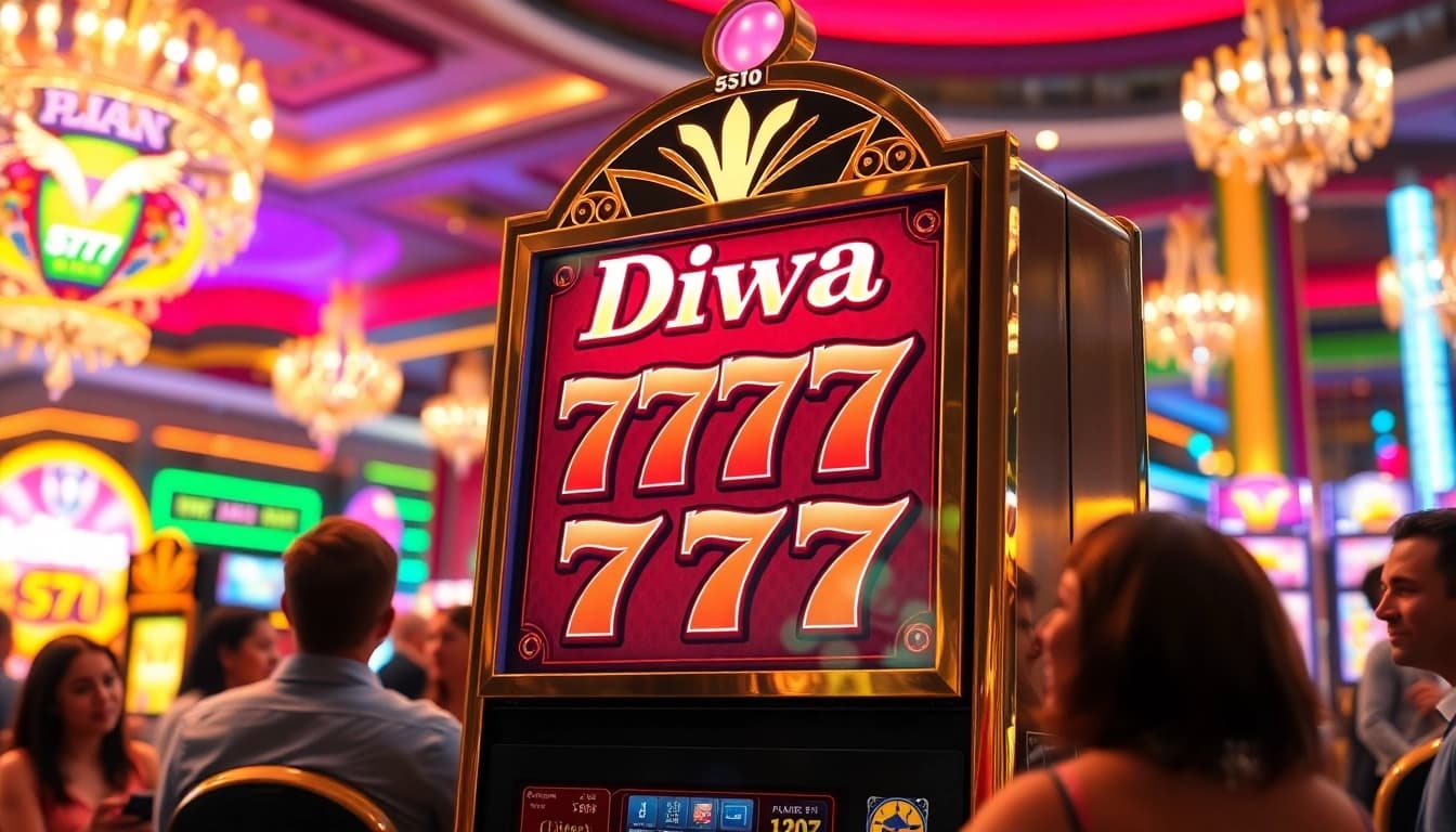 Players celebrating a win at the Diwa 777 slot machine amid a dazzling casino atmosphere.