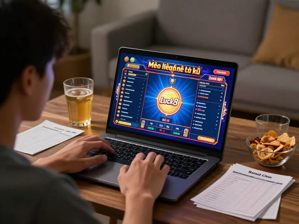 Mẹo chơi nổ hũ Luck8 gameplay on a laptop, showcasing strategic gaming at home.