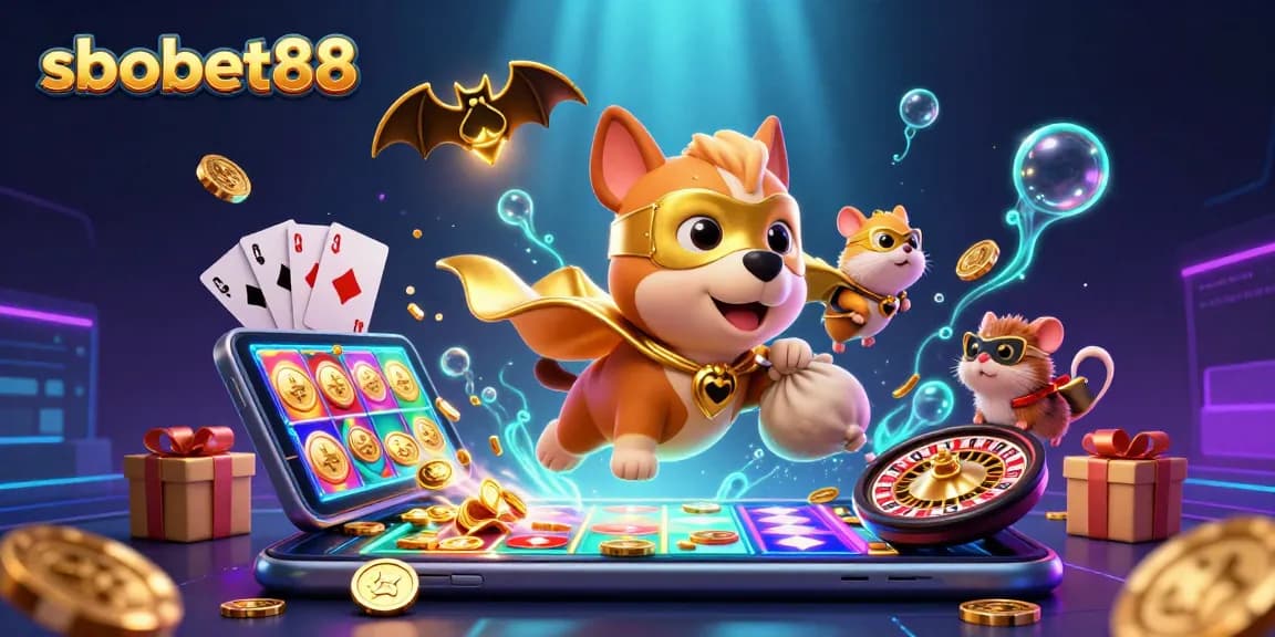 Bet on sbobet88 with a dynamite 3D scene featuring a superhero dog and hamster amidst vibrant casino elements.