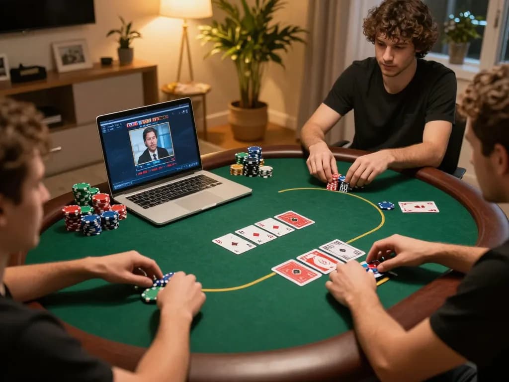 RIKVIP poker game in action on laptop with players excited and engaged in home gaming setup.