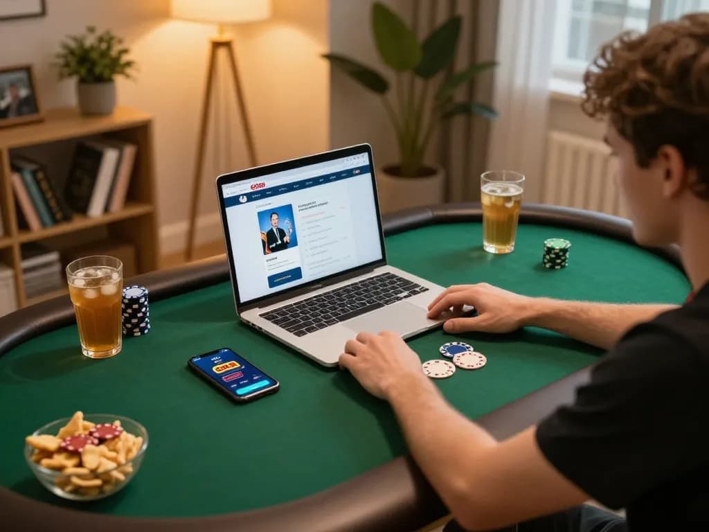 Engaged player enjoying GO88 online poker on laptop, cozy home gaming setup with drinks.