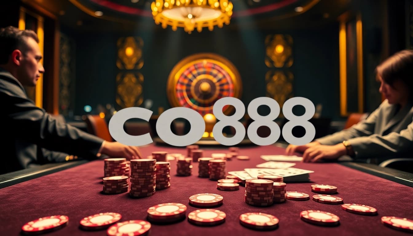 Experience thrilling casino action with co88 as players engage in poker, surrounded by vibrant tables and colorful chips.