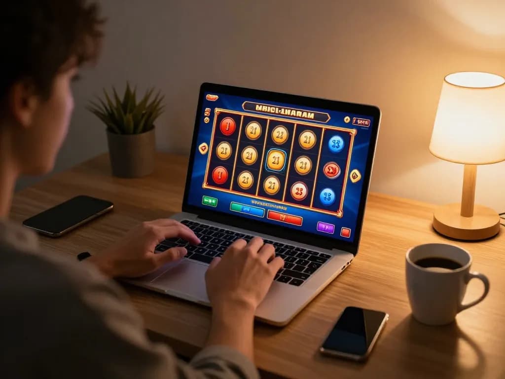 Playing an online slot game on https://betbdt.art with vibrant graphics and a cozy home office atmosphere.