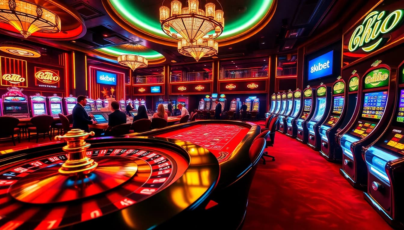 An immersive casino scene showcasing online gambling excitement at 8kbet 456 with roulette wheels and poker chips.