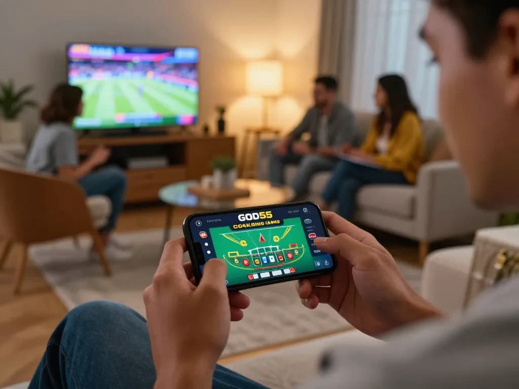 Player analyzing betting options on the god55 app while enjoying a social evening at home, focusing on responsible gaming.