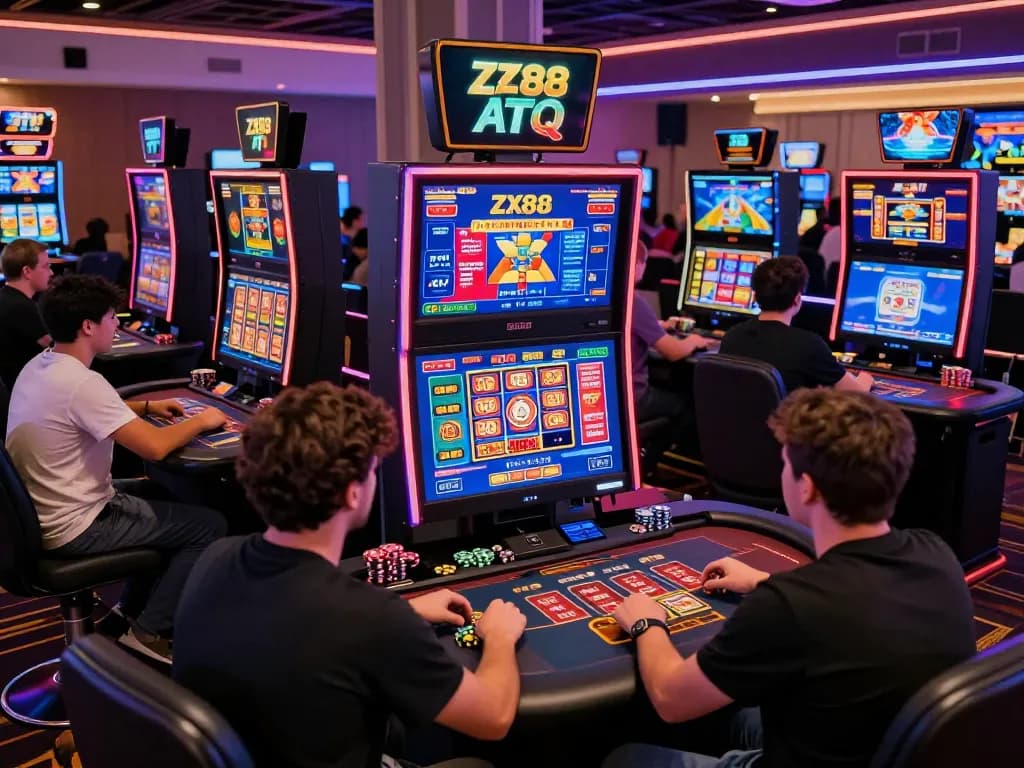 Diverse group of players engaging with ZX88 ATQ online casino games in a vibrant digital atmosphere.