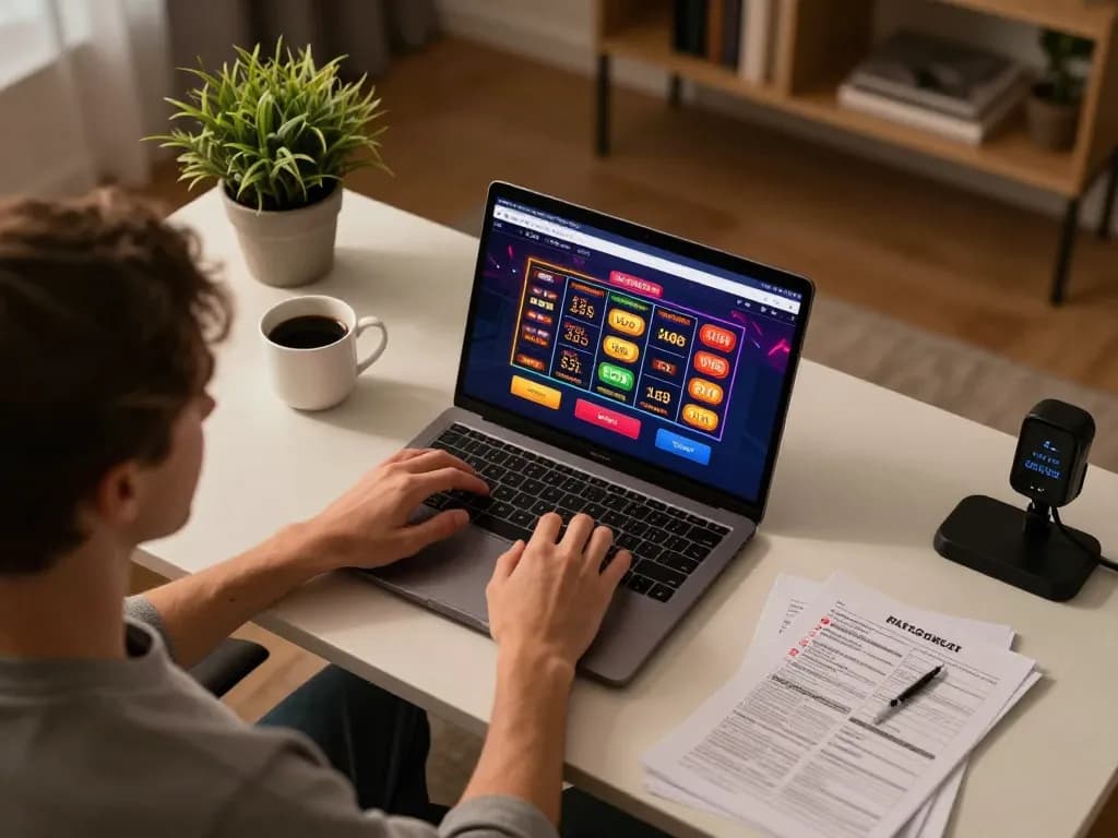 Person engaging with xo88 casino games on a modern laptop, creating an inviting home gambling atmosphere.