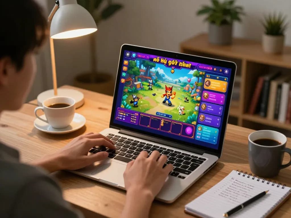 Nổ hũ đổi thưởng engaging user at home gaming setup with vibrant game display and cozy environment.