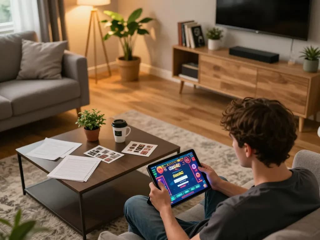Halaman login DASI4D ditampilkan pada tablet dalam pengaturan permainan rumah yang nyaman