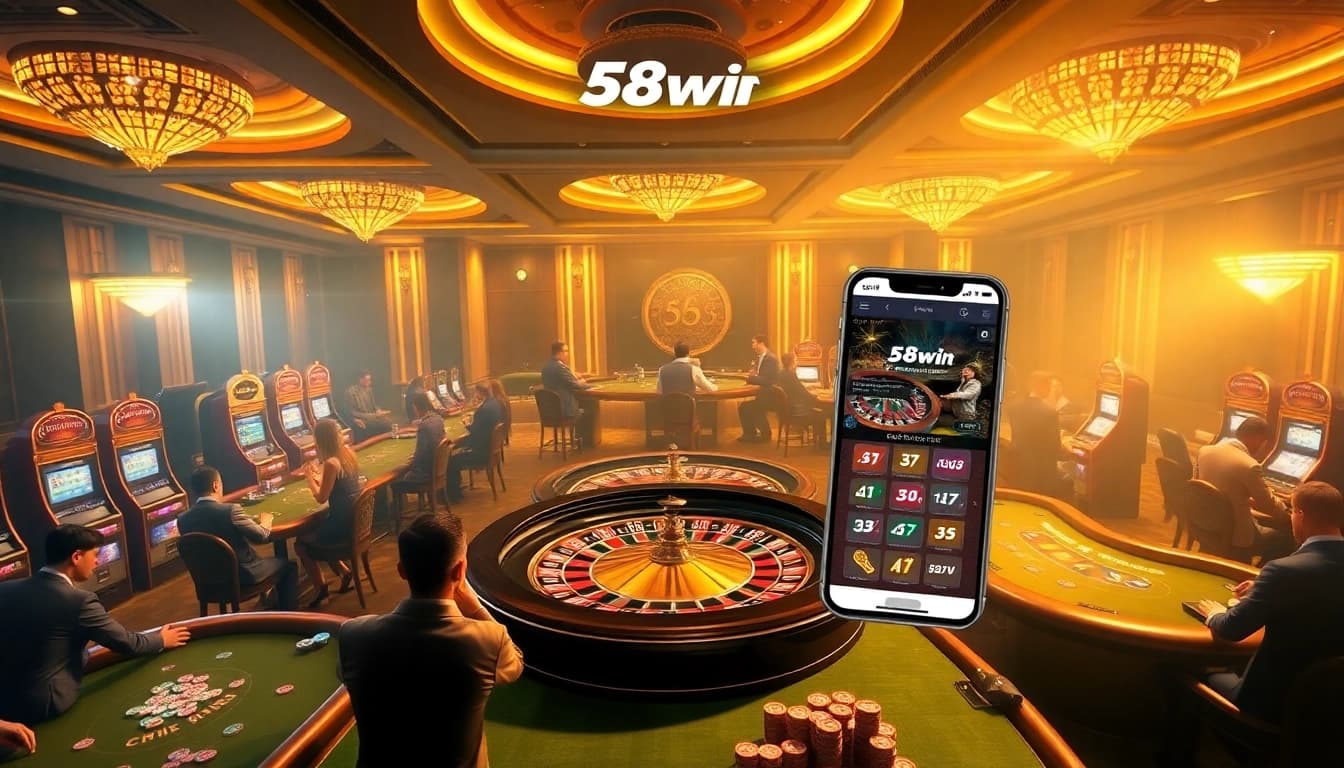 Excited players engaging in high-stakes poker at 58win casino, featuring vibrant poker chips and a roulette wheel.