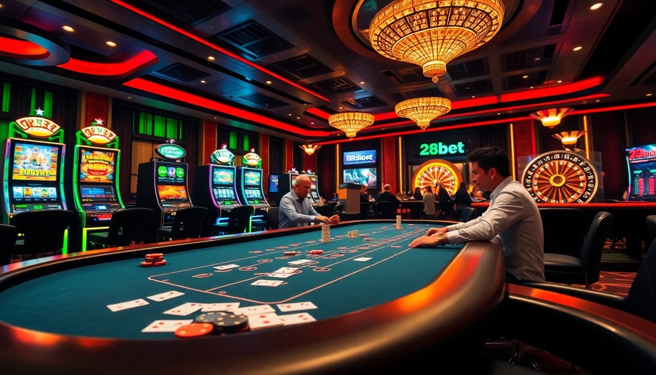Players enjoying a thrilling game at 28bet's vibrant casino, featuring modern tables and exciting slot machines.