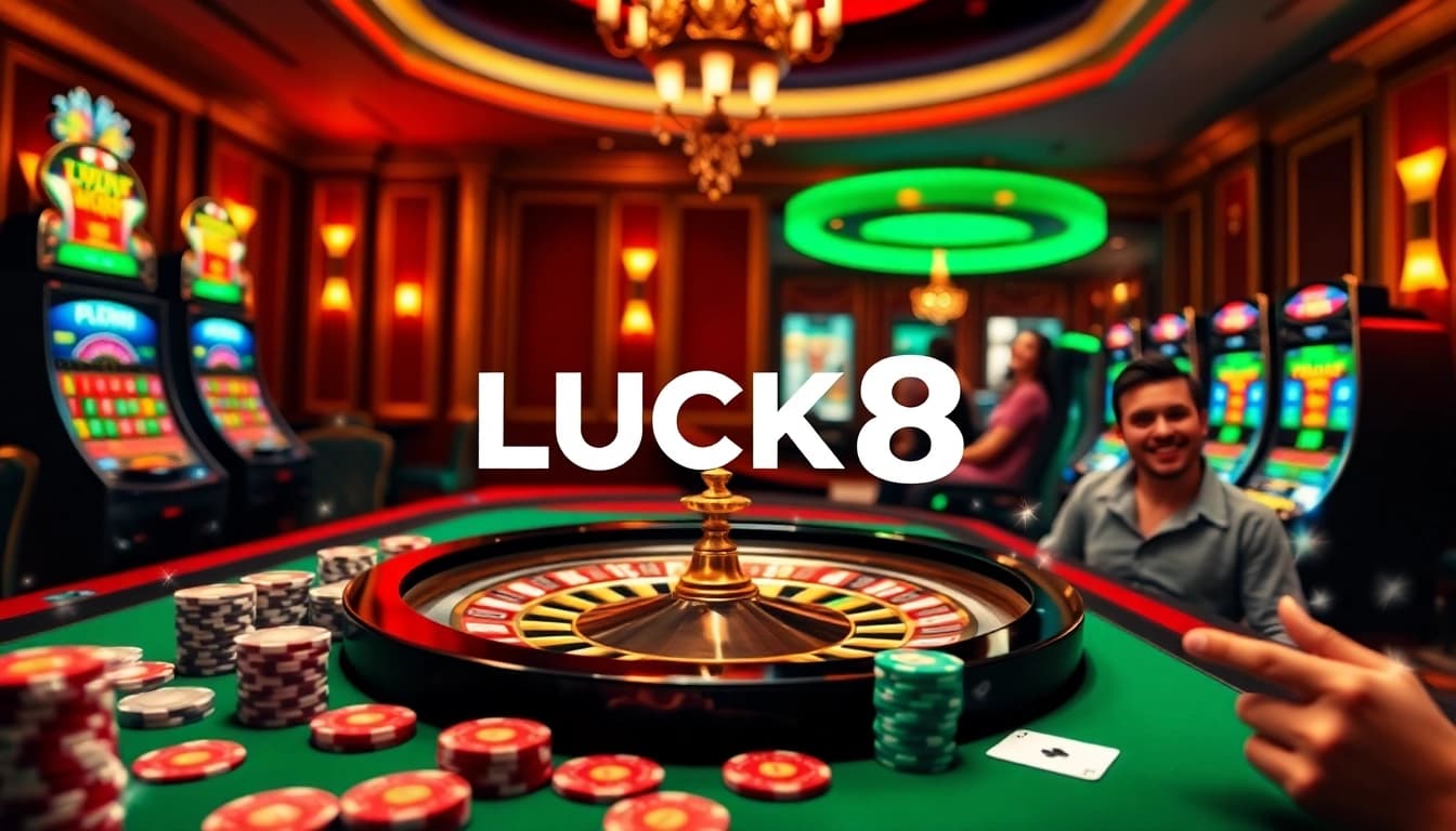 LUCK8 logo illustrated in a luxurious online casino setting with poker chips and roulette wheel.