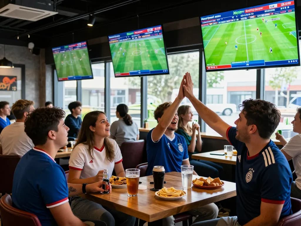 Fans excitedly cheering while checking live scores on Nowgoal in a sports bar