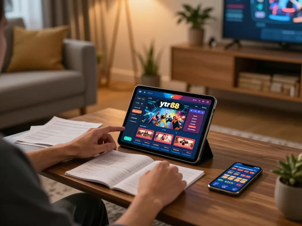 Engaging with ytr88 casino app on tablet in cozy home setting, showcasing responsible gaming ambiance