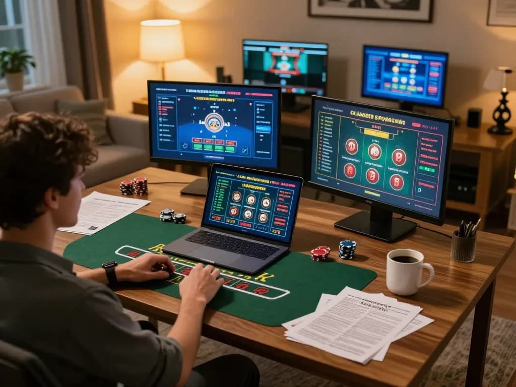 Player enjoying a live dealer game at MB66, embracing strategic gambling in a cozy home setup