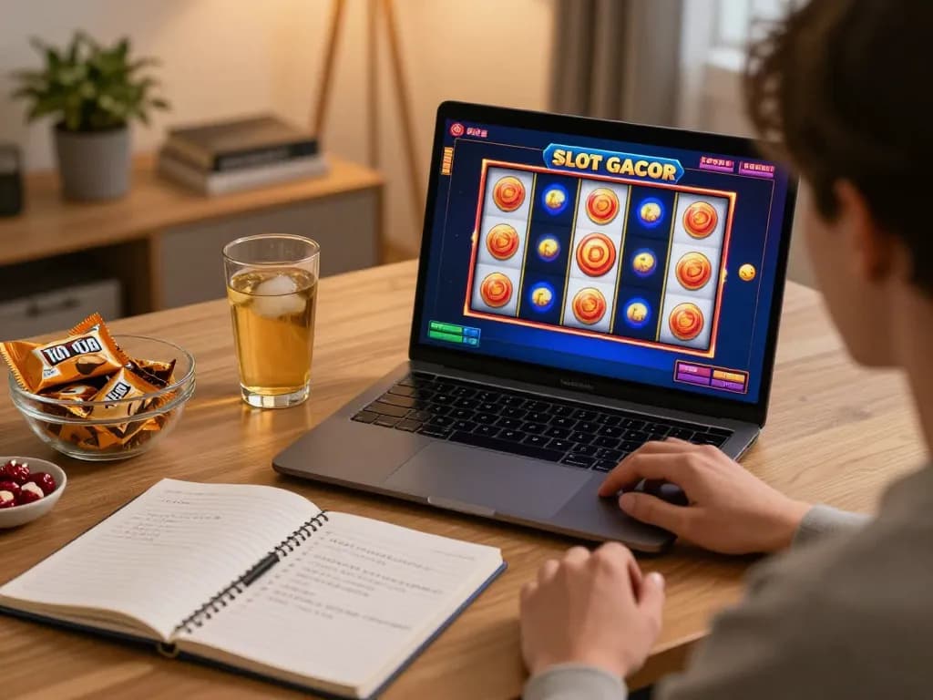 Engaging in Slot Gacor gameplay on a laptop, cozy home gaming atmosphere with strategic notes.