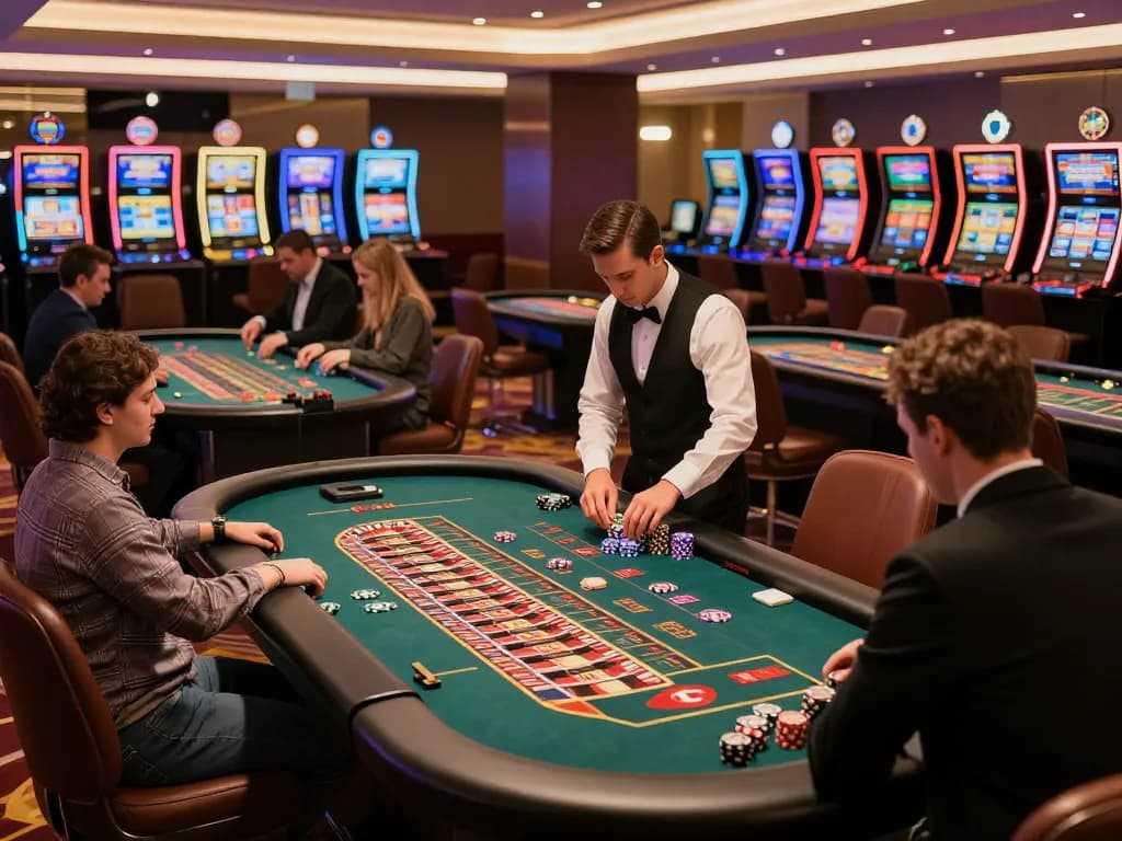 Players engaged at non gamstop casinos, with roulette tables and chips in a vibrant casino environment.