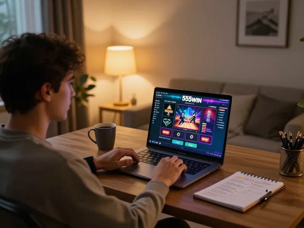 Player using laptop for 555win online gaming, showcasing strategic betting setup in cozy home atmosphere
