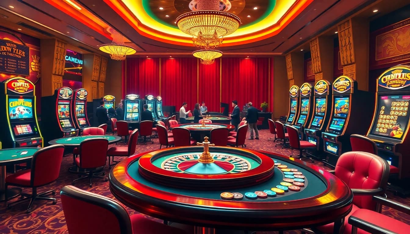Experience thrilling gameplay at RR88 with vibrant casino tables, roulette wheels, and slot machines.
