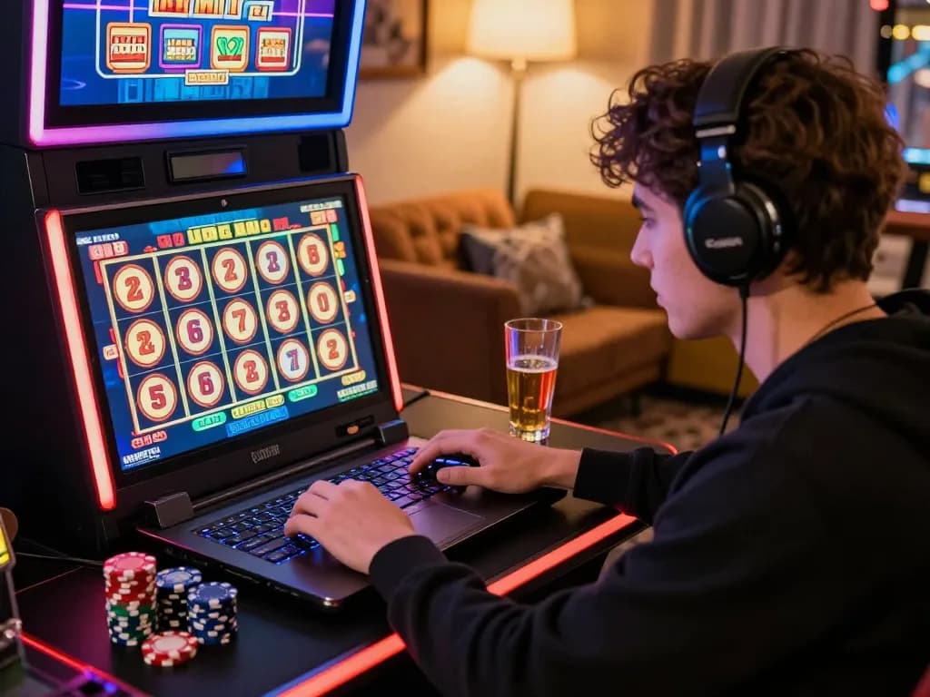 Pemain menikmati permainan slot gacor hari ini di setup kasino online yang vibrant dengan stasiun permainan dan grafik berwarna-warni.