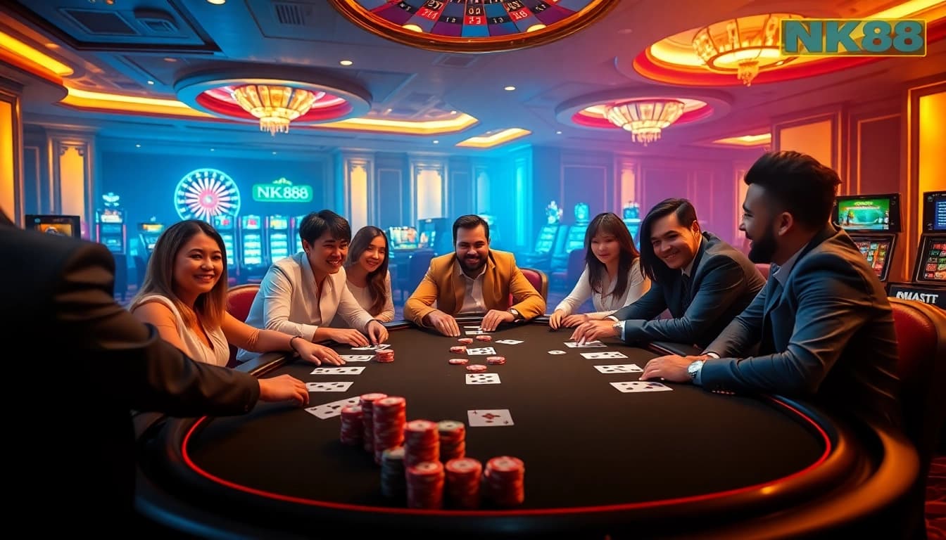 Nạp Tiền NK88 effortlessly at a luxurious casino filled with excited players and vibrant tables.