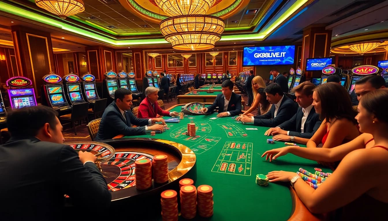 Experience the thrill of gaming at GK88LIVE.IT.COM with vibrant casino visuals featuring poker chips and roulette wheels.