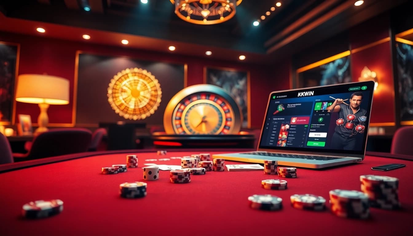 Experience the thrill of gaming at KKWIN's luxurious casino table featuring poker chips and cards.
