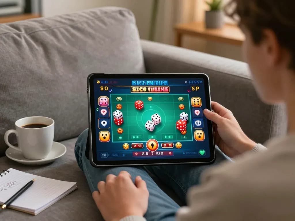 Sicbo Online player strategizing game moves on tablet in a cozy home setting.