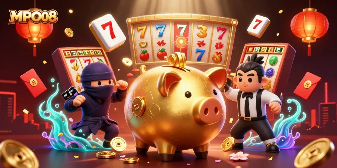 Experience thrilling action with MPO08's golden piggy bank battle in this vibrant casino scene.