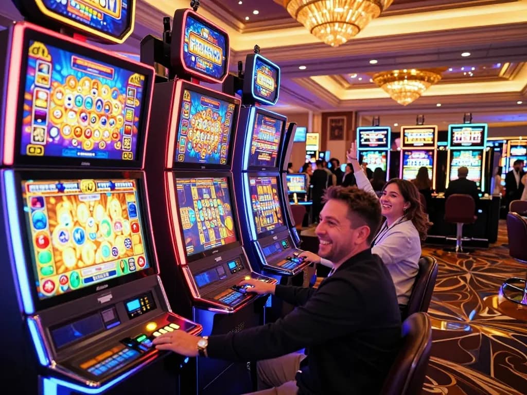 Keratontoto players celebrating wins at vibrant slot machines in a Las Vegas casino.