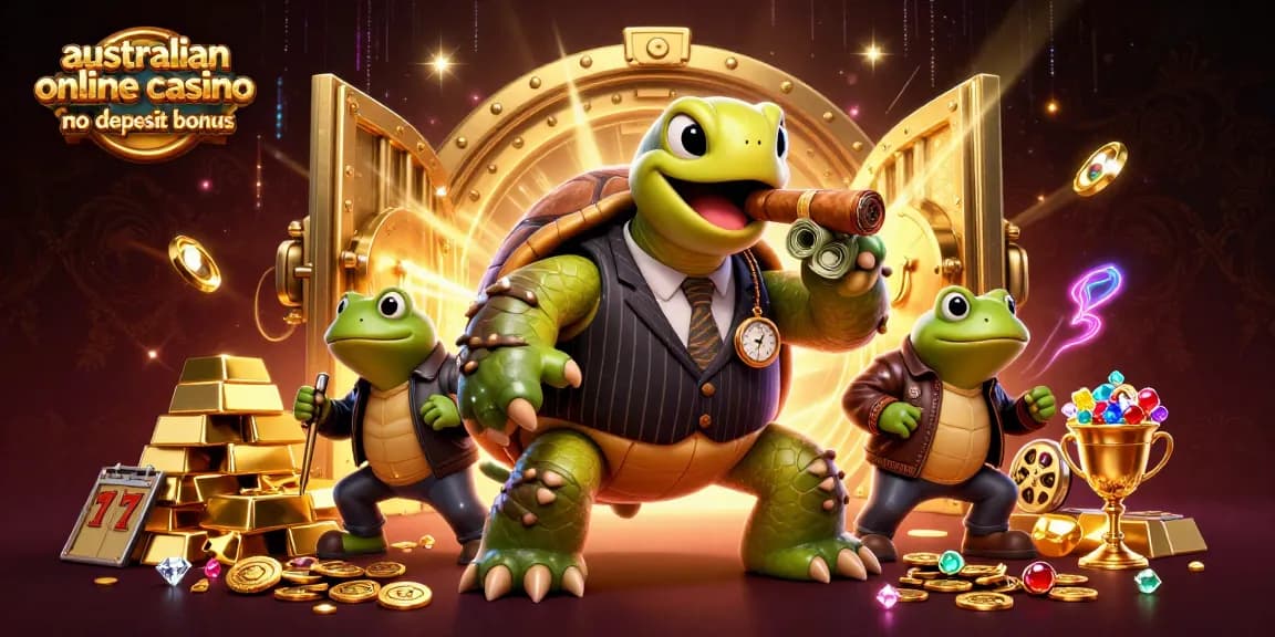 Play exciting games with the australian online casino no deposit bonus, featuring a turtle mobster and frog enforcers.