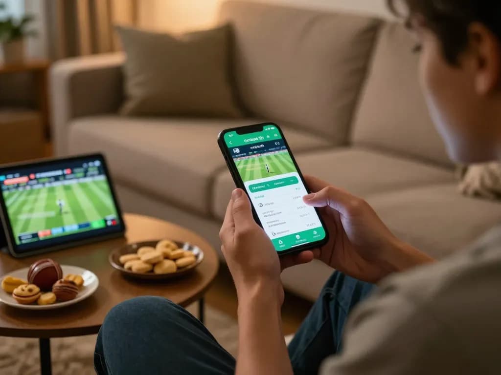 Engaged player using cricket betting app on smartphone at home through crickex.fit, showcasing online gambling excitement.