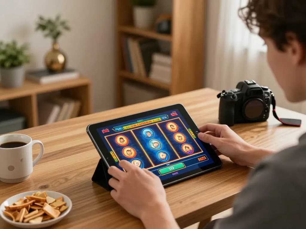 Pemain menikmati permainan slot kiu77 yang mendebarkan di tablet dalam suasana rumah yang nyaman.