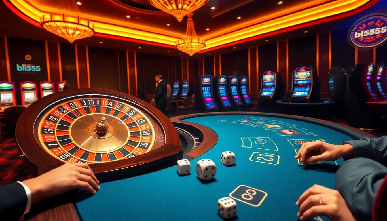 Players enjoying their time at bl555 casino with roulette and poker tables in a luxurious setting.