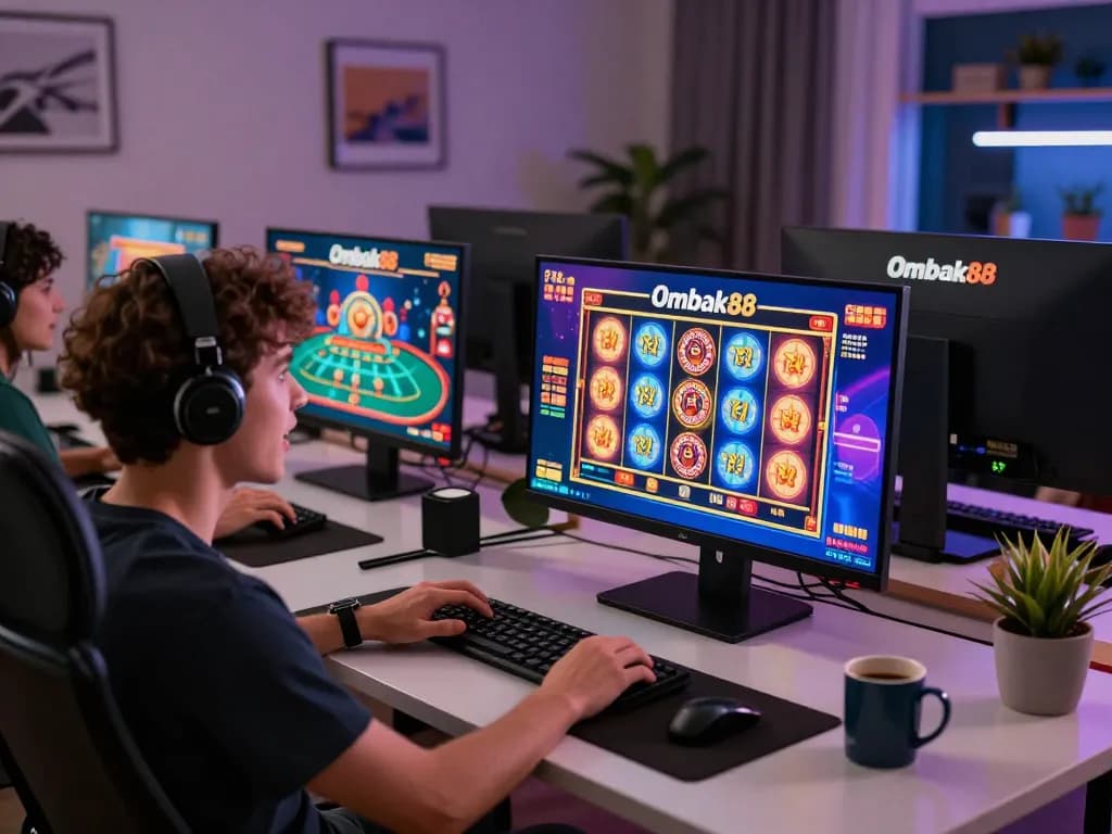 Permainan yang menarik di platform online Ombak88 dengan slot berwarna-warni dan pemain ceria di rumah.
