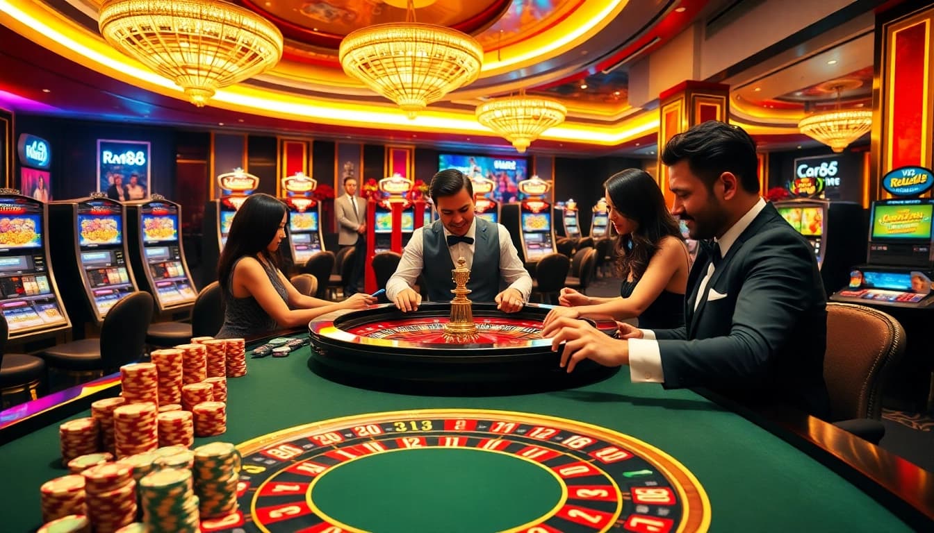 Players enjoy a thrilling roulette game at RR88 casino, with colorful chips and luxury ambiance.