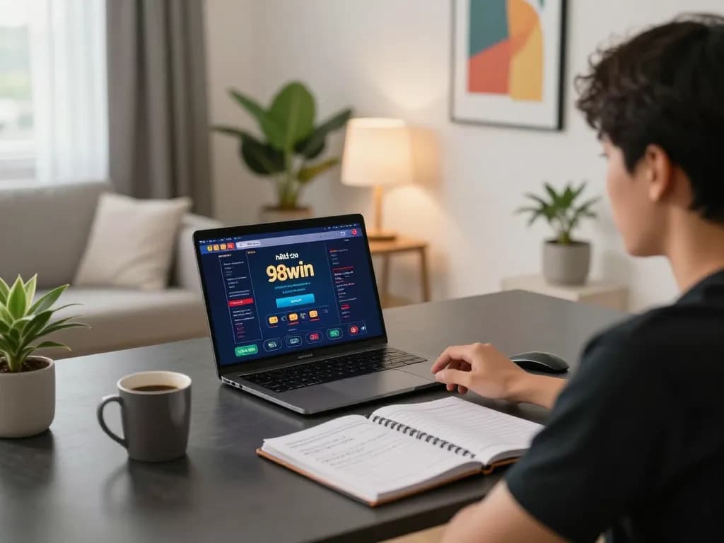 Engaged player using nhà cái 98win for online gambling at home, showcasing a strategic gaming environment