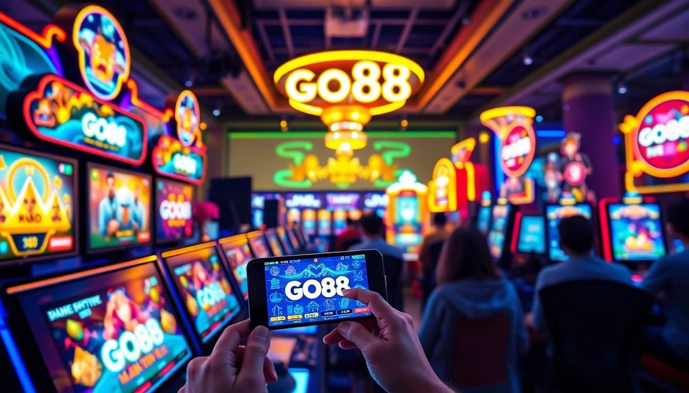 Engaging gaming scene with GO88 interfaces and players enjoying online rewards.