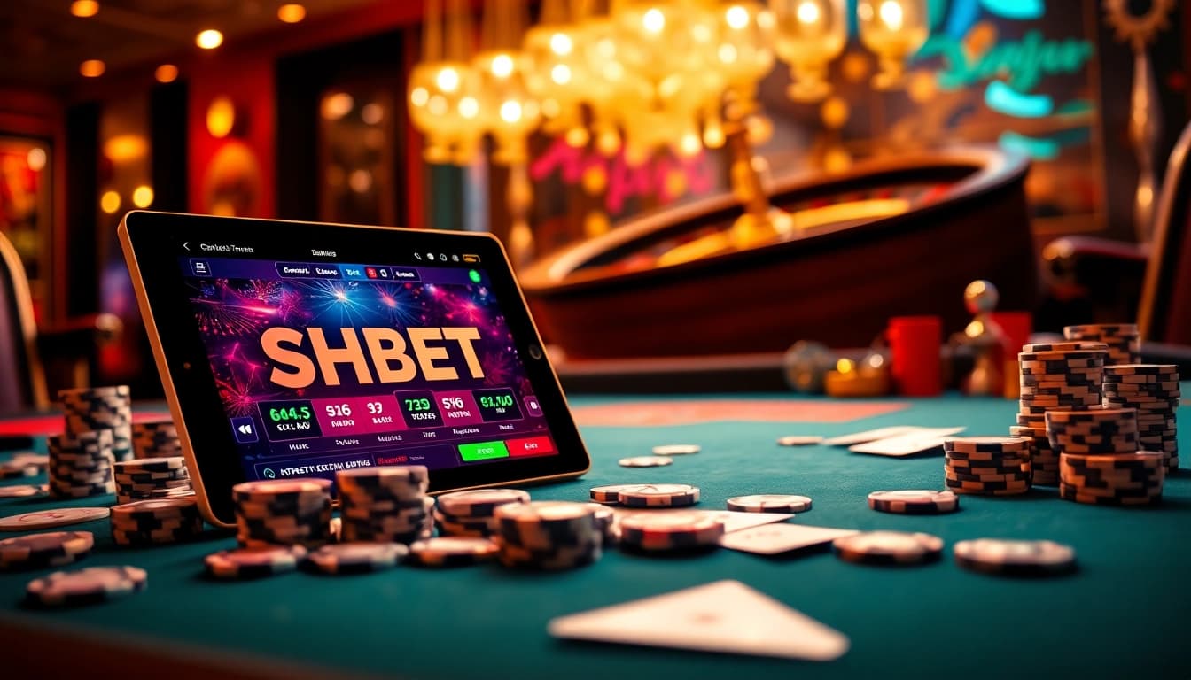 Experience the excitement of SHBET in a vibrant casino scene with poker chips and roulette.