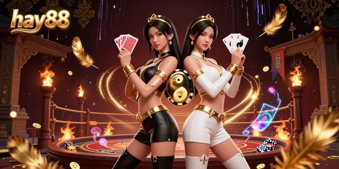 Experience the thrill of hay88 as twin Asian women showcase their card skills amidst a vibrant casino atmosphere.
