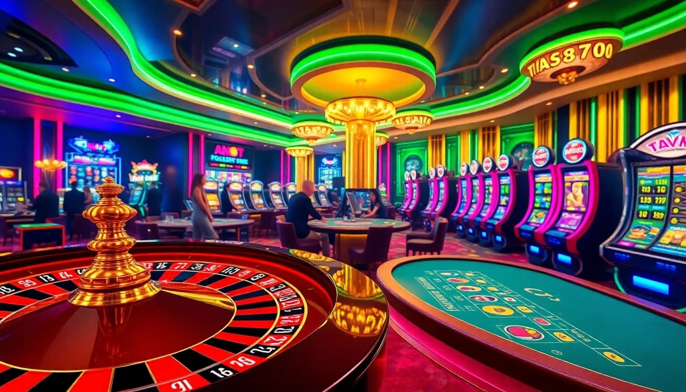 Engage in the thrilling experience of Thabet77 with sleek poker tables and vibrant slot machines.