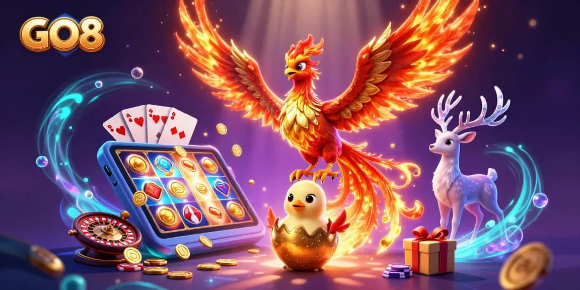 Engage with GO8's vibrant 3D presentation of a phoenix, slot games, and casino excitement.