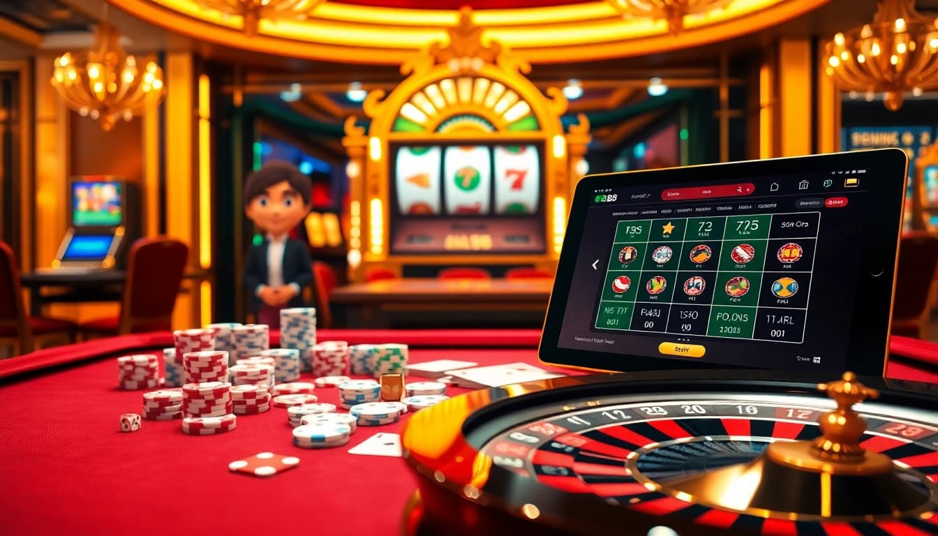 RR88 - Engaging scene of a casino table with poker chips and an online gambling interface.