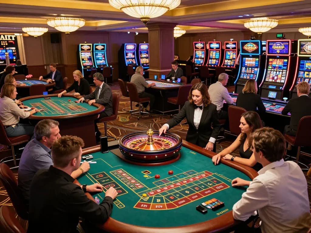 Players placing bets at the exciting mb66 roulette table in a vibrant casino atmosphere