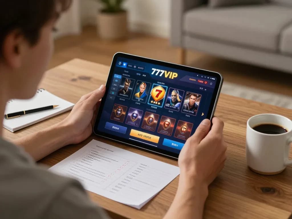 Player engaging with the 777VIP casino app while strategizing bets in a cozy home setup.