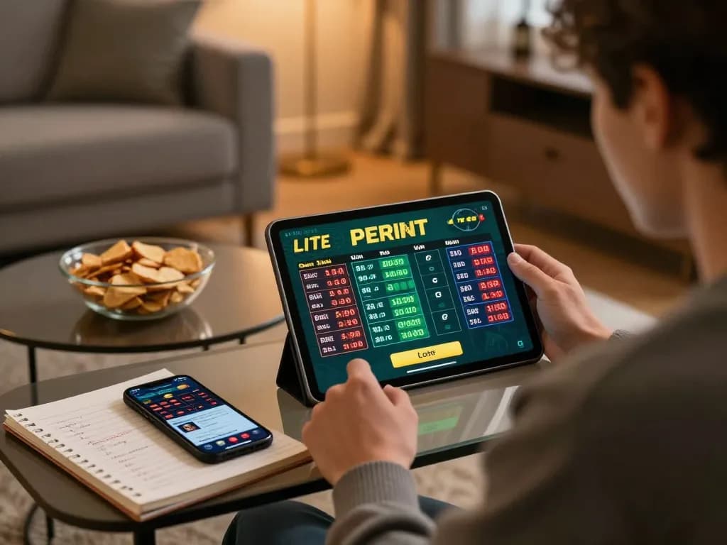 8xbet user actively placing bets on a tablet in a cozy living room setting, showcasing an engaging online gambling experience.