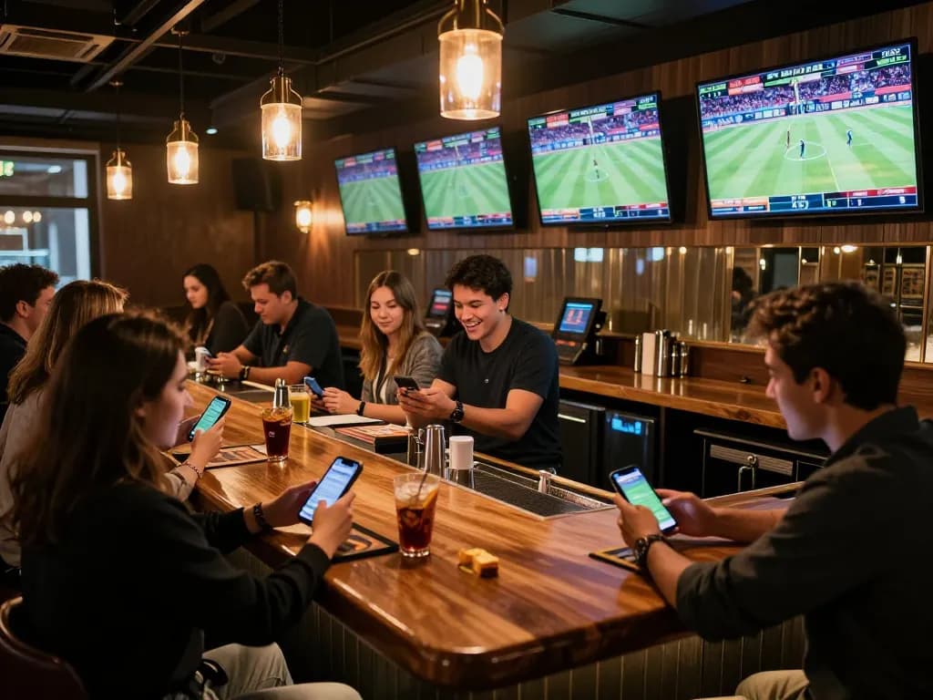 Excited group using smartphones to place wagers in mposport's vibrant sports betting bar