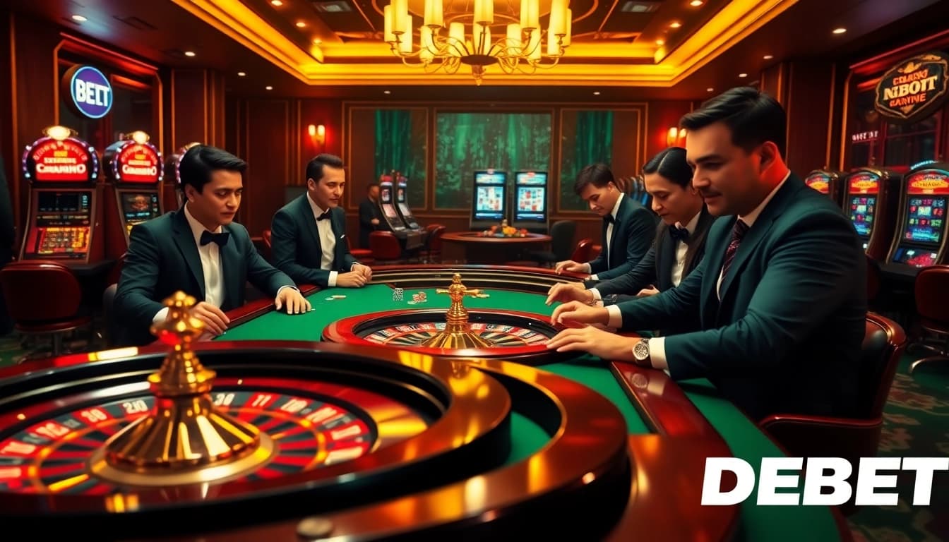Experience high-stakes excitement at Trang Chủ DEBET with lively casino players and vibrant gaming tables.