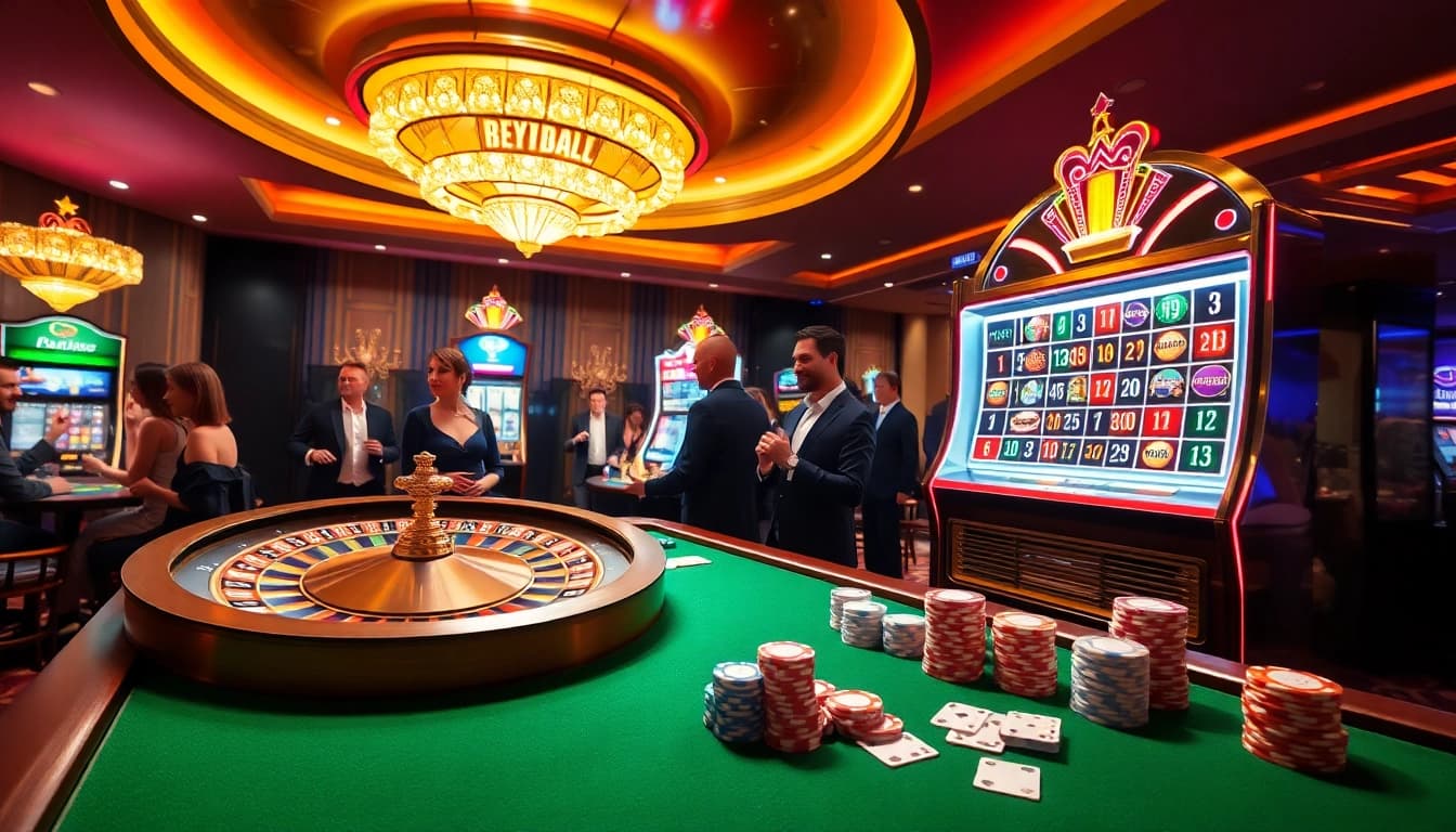 Experience thrilling gambling at Bro138, featuring a vibrant casino scene with roulette and slots.
