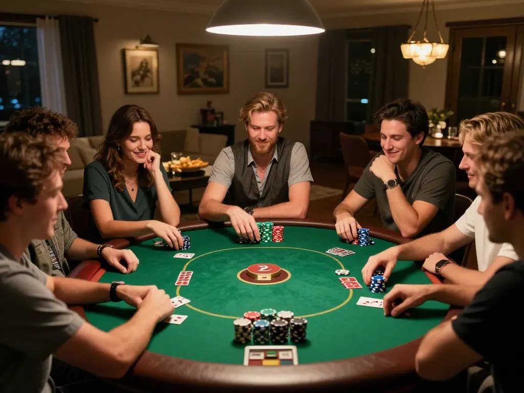 Engaging poker night with friends using kkwwin strategy in vibrant home setting